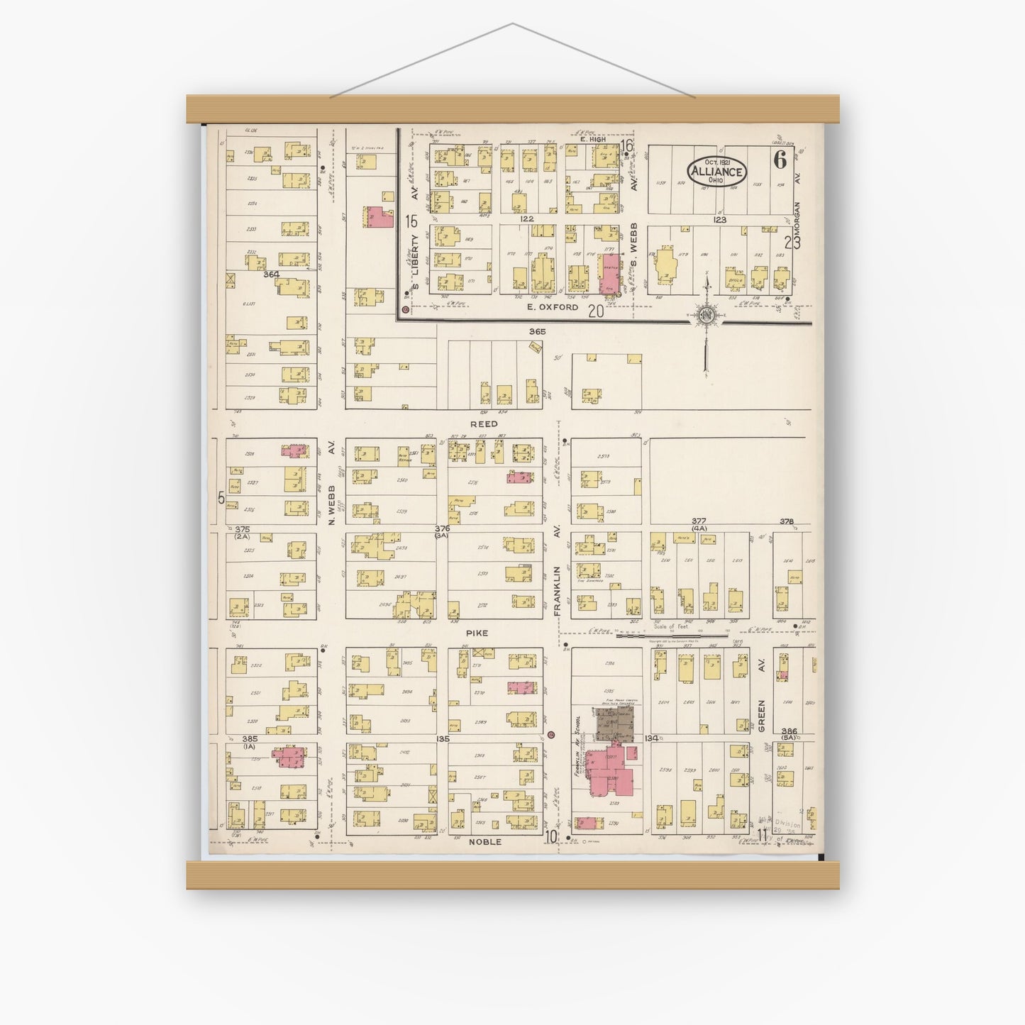 Old map wall art mockup — magnetic wood frame on white wall — Sanborn Fire Insurance Map from Alliance, Stark County, Ohio (1921), Sheet #0006