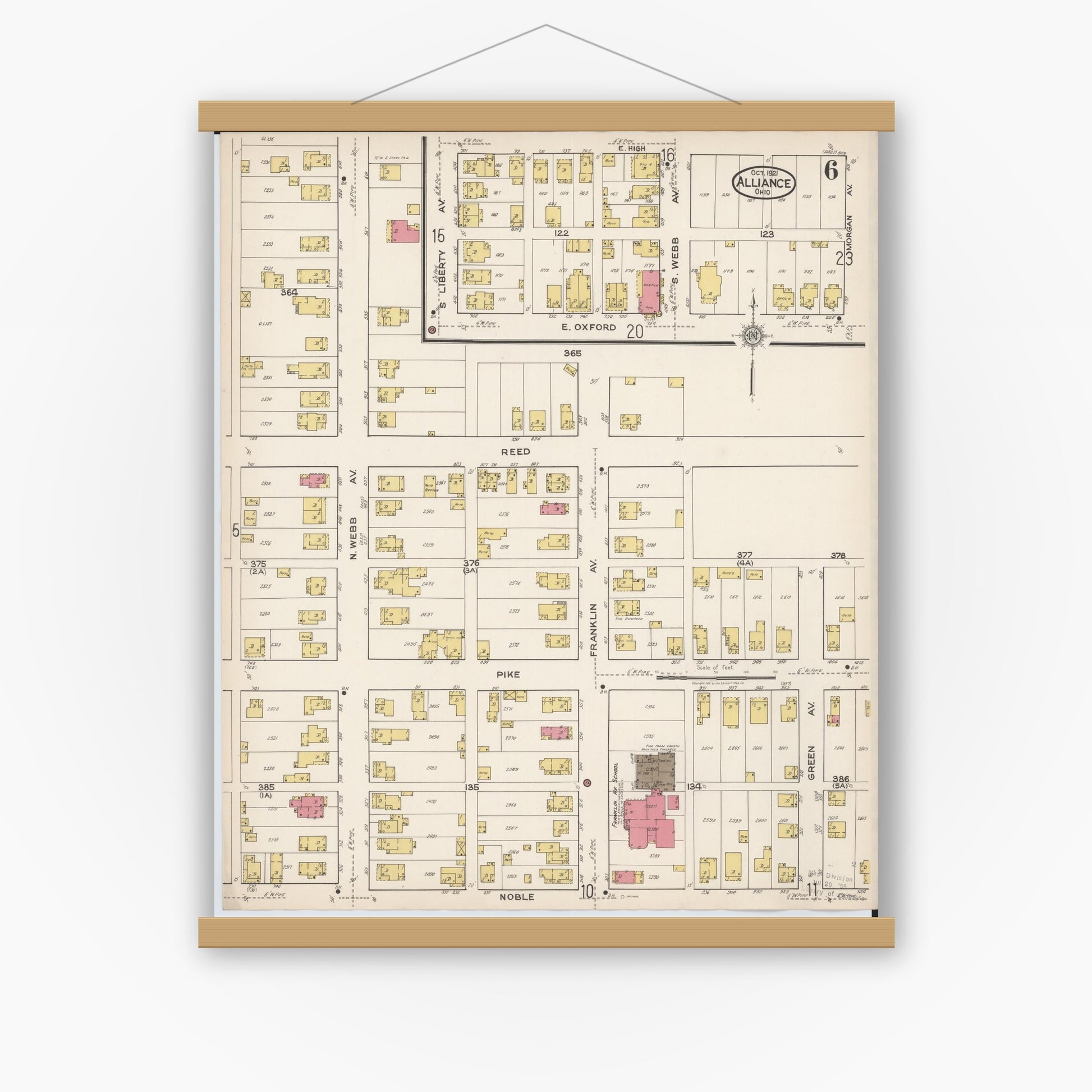 Old map wall art mockup — magnetic wood frame on white wall — Sanborn Fire Insurance Map from Alliance, Stark County, Ohio (1921), Sheet #0006