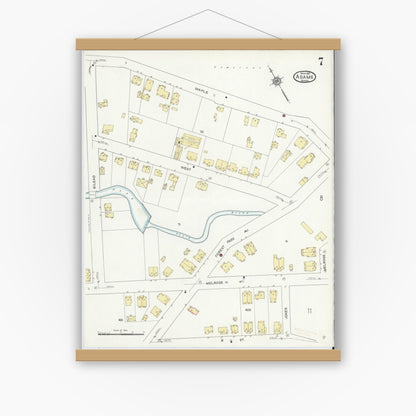 Old map wall art mockup — magnetic wood frame on white wall — Sanborn Fire Insurance Map from Adams, Berkshire County, Massachusetts (1914), Sheet #0007