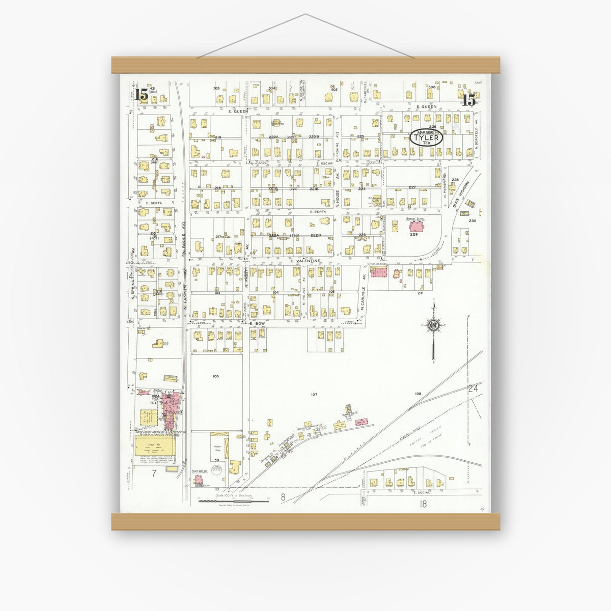 Old map wall art mockup — magnetic wood frame on white wall — Sanborn Fire Insurance Map from Tyler, Smith County, Texas (1928), Sheet #0015