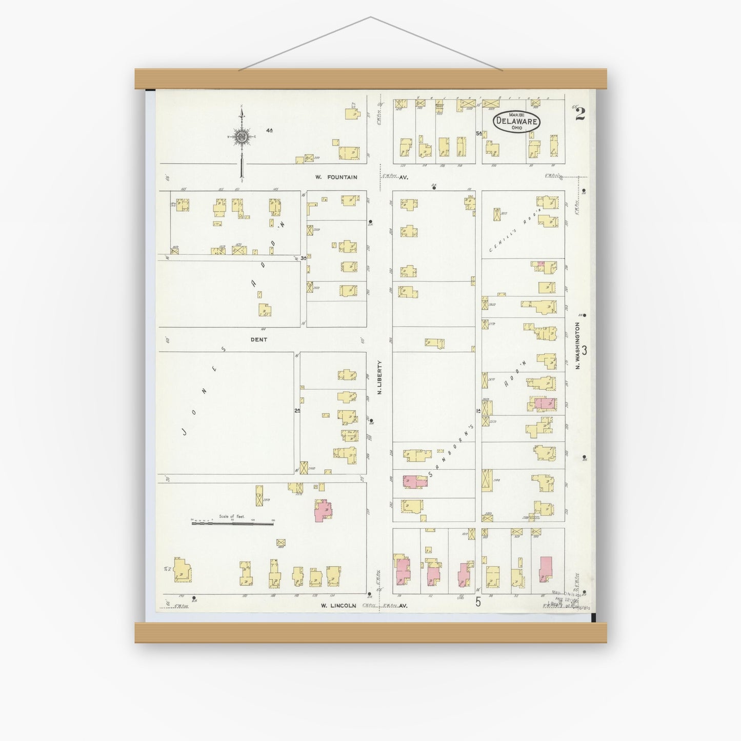 Old map wall art mockup — magnetic wood frame on white wall — Sanborn Fire Insurance Map from Delaware, Delaware County, Ohio (1911), Sheet #0002