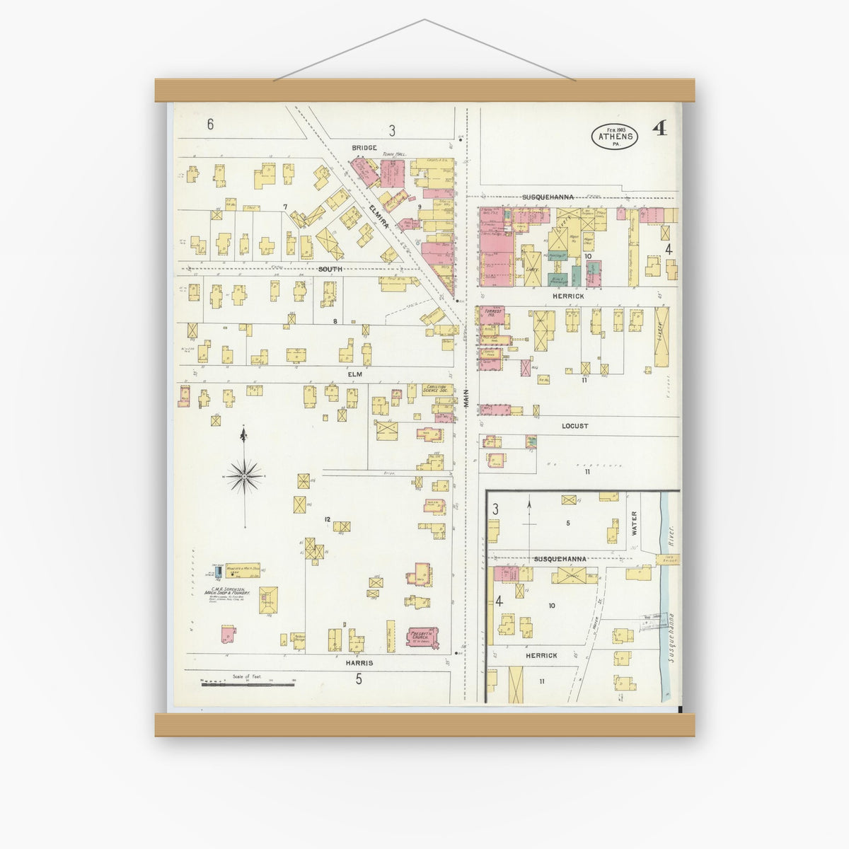 Old map wall art mockup — magnetic wood frame on white wall — Sanborn Fire Insurance Map from Athens, Bradford County, Pennsylvania (1903), Sheet #0004