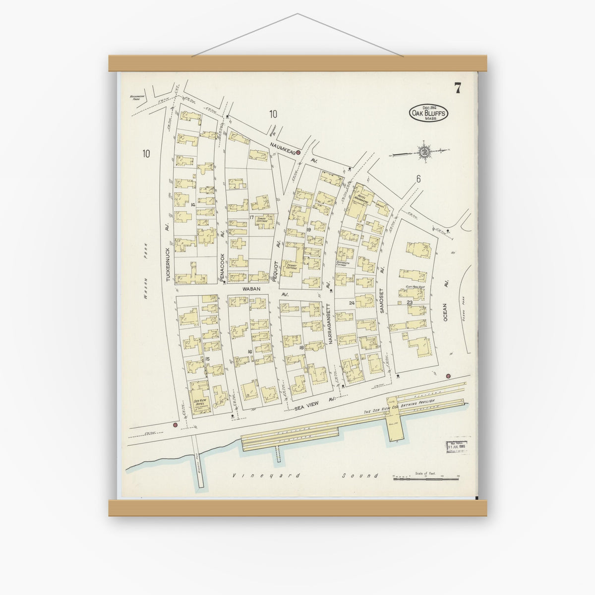 Old map wall art mockup — magnetic wood frame on white wall — Sanborn Fire Insurance Map from Oak Bluffs, Dukes County, Massachusetts (1914), Sheet #0007