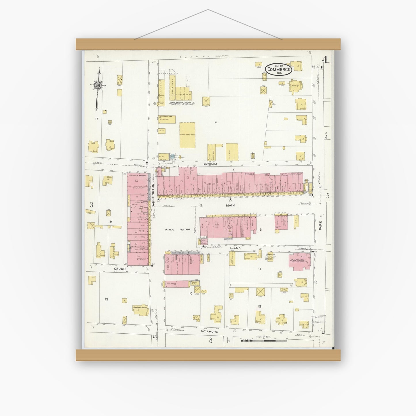 Old map wall art mockup — magnetic wood frame on white wall — Sanborn Fire Insurance Map from Commerce, Hunt County, Texas (1911), Sheet #0004