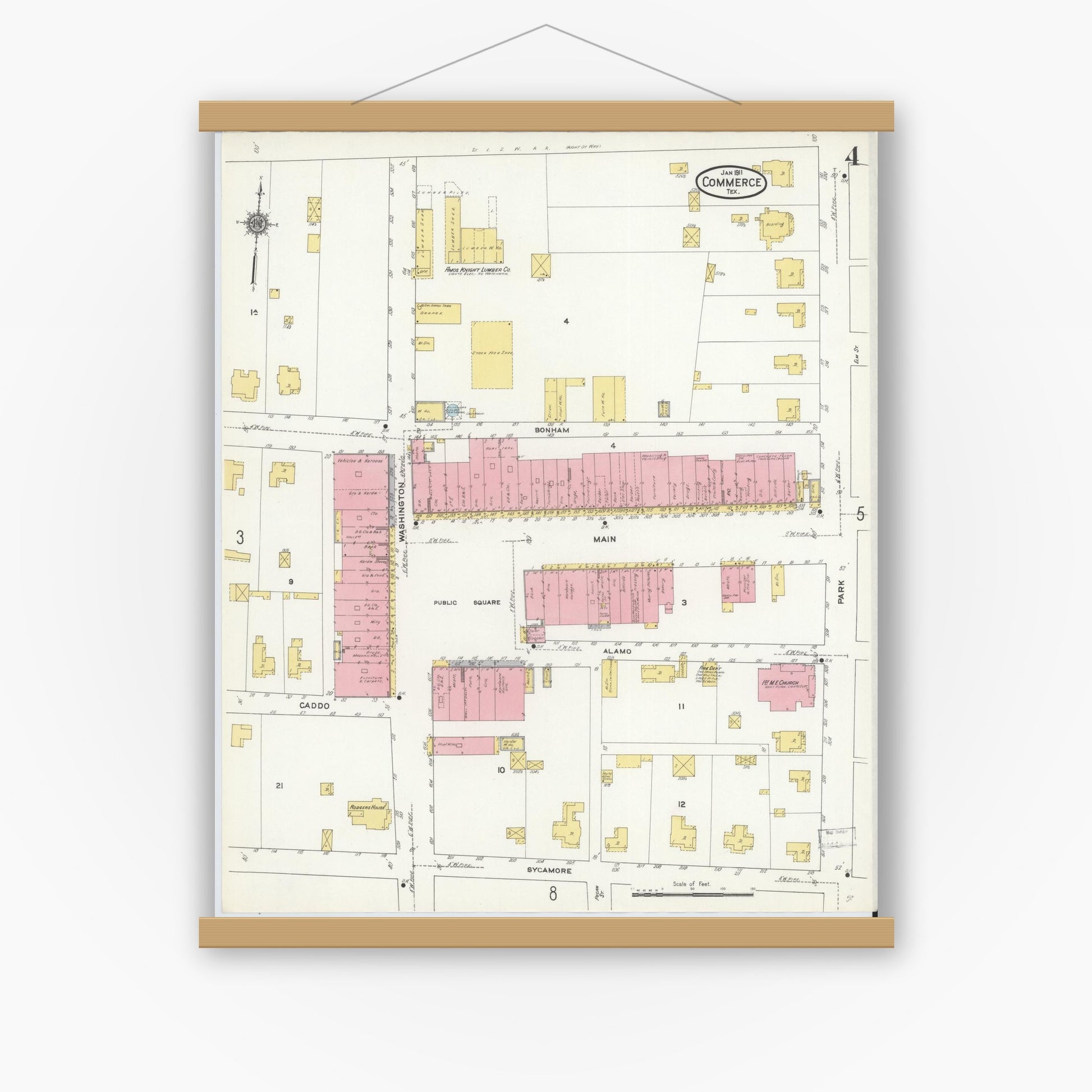 Old map wall art mockup — magnetic wood frame on white wall — Sanborn Fire Insurance Map from Commerce, Hunt County, Texas (1911), Sheet #0004