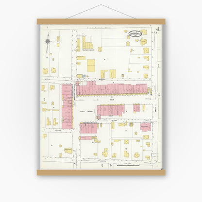 Old map wall art mockup — magnetic wood frame on white wall — Sanborn Fire Insurance Map from Commerce, Hunt County, Texas (1911), Sheet #0004