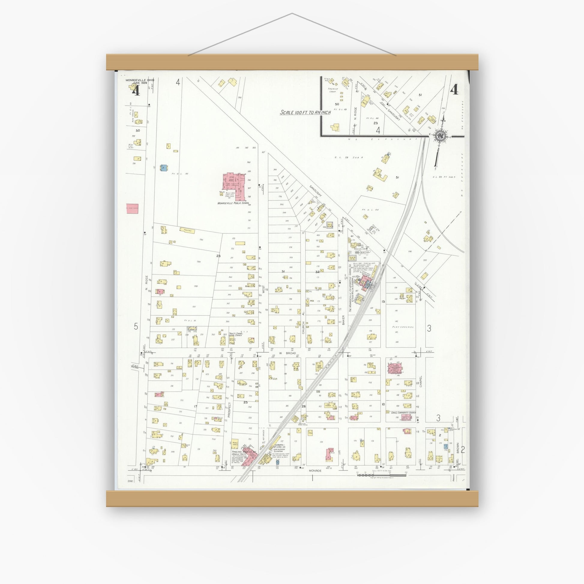 Old map wall art mockup — magnetic wood frame on white wall — Sanborn Fire Insurance Map from Monroeville, Huron County, Ohio (1939), Sheet #0004