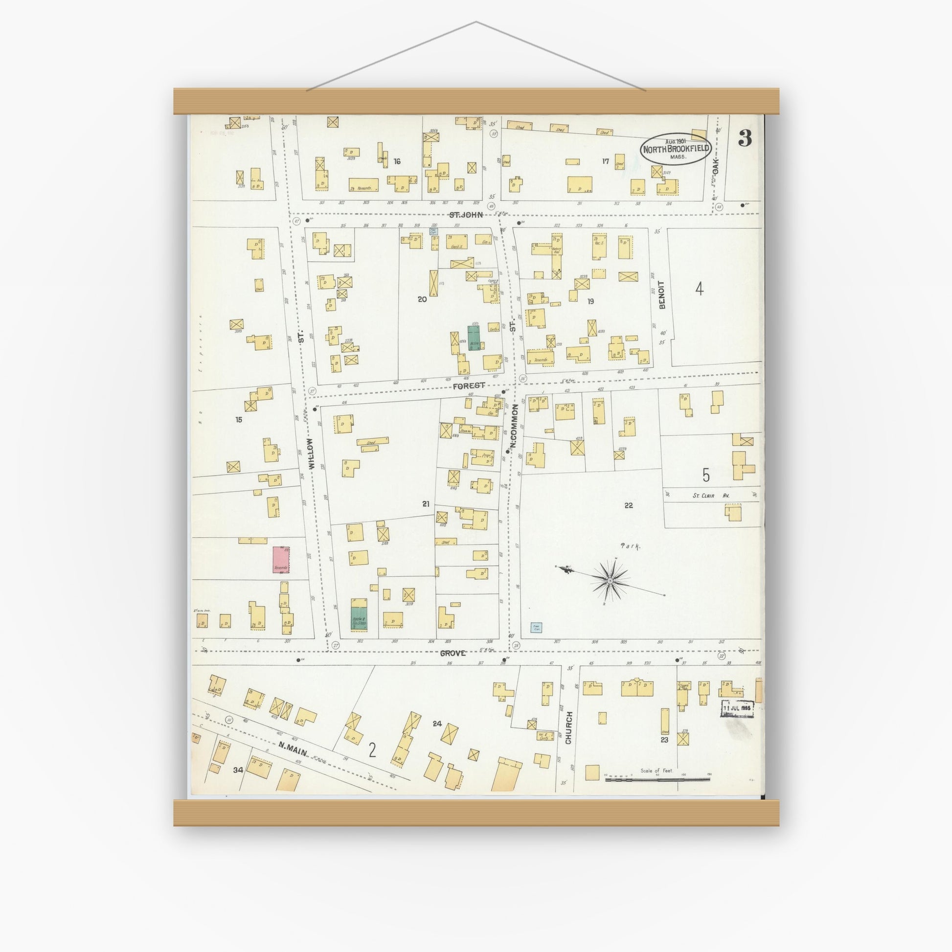 Old map wall art mockup — magnetic wood frame on white wall — Sanborn Fire Insurance Map from North Brookfield, Worcester County, Massachusetts (1901), Sheet #0003