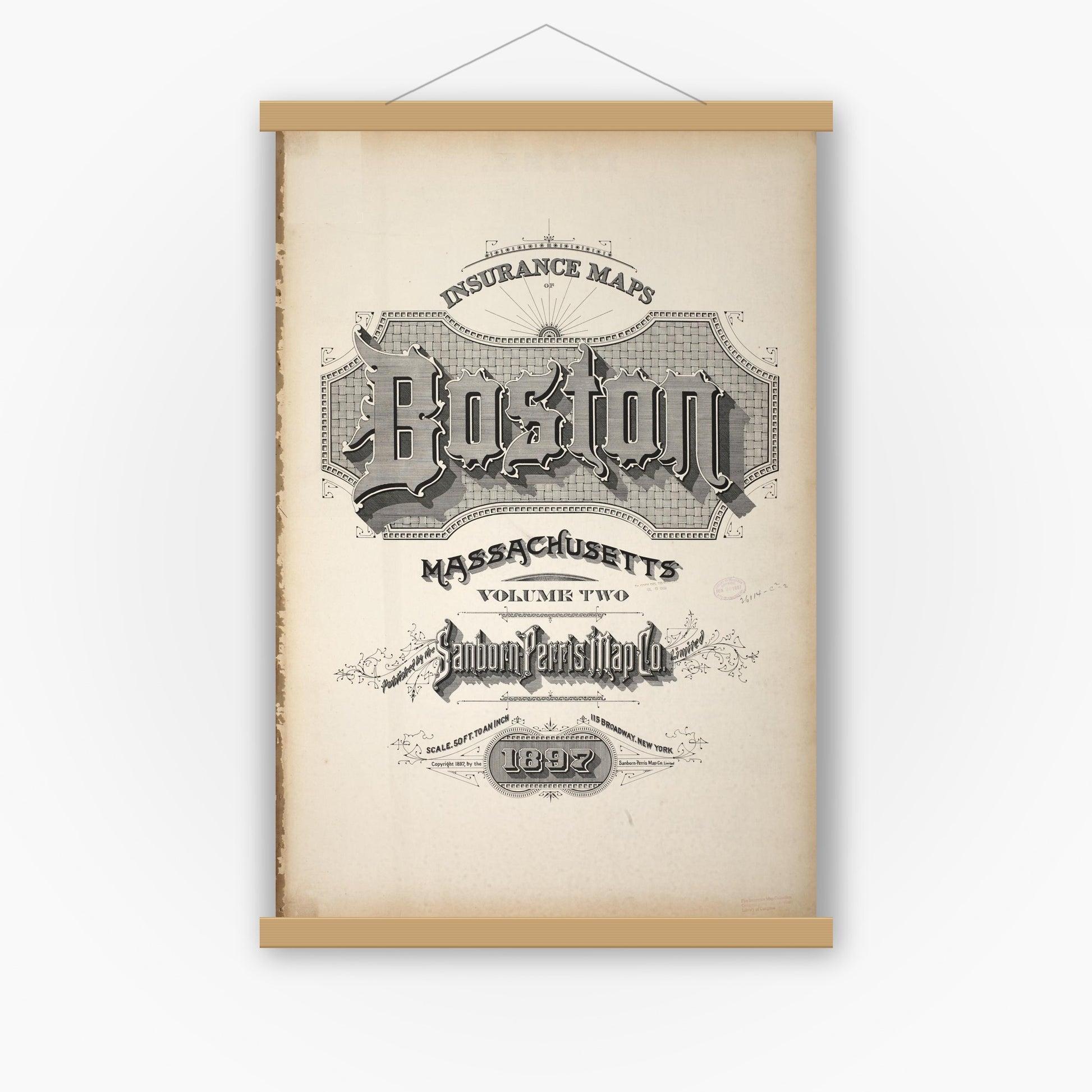 Old map wall art mockup — magnetic wood frame on white wall — Sanborn Fire Insurance Map from Boston, Suffolk County, Massachusetts (1897), Sheet #0001