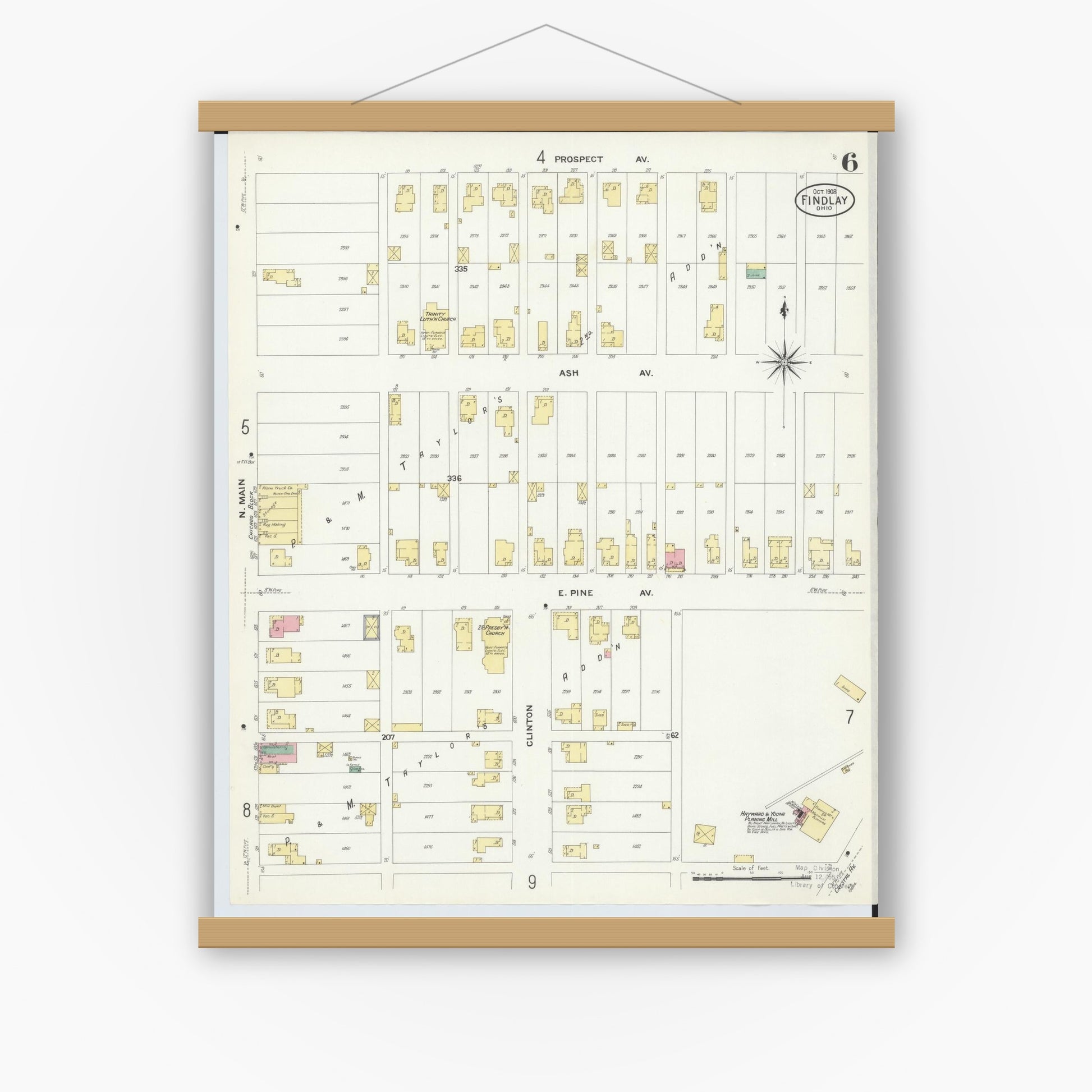 Old map wall art mockup — magnetic wood frame on white wall — Sanborn Fire Insurance Map from Findlay, Hancock County, Ohio (1908), Sheet #0006