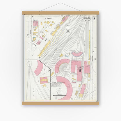 Old map wall art mockup — magnetic wood frame on white wall — Sanborn Fire Insurance Map from Galesburg, Knox County, Illinois (1906), Sheet #0018