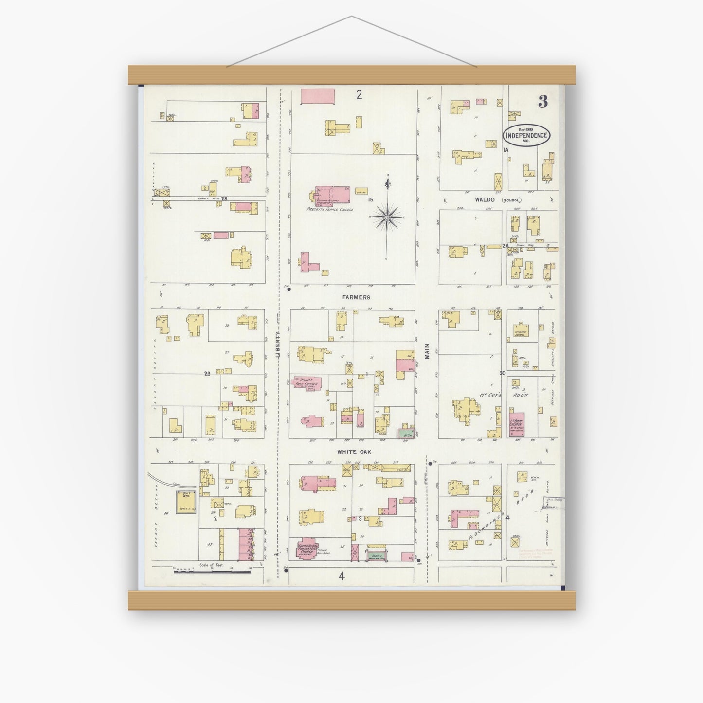 Old map wall art mockup — magnetic wood frame on white wall — Sanborn Fire Insurance Map from Independence, Jackson County, Missouri (1898), Sheet #0003