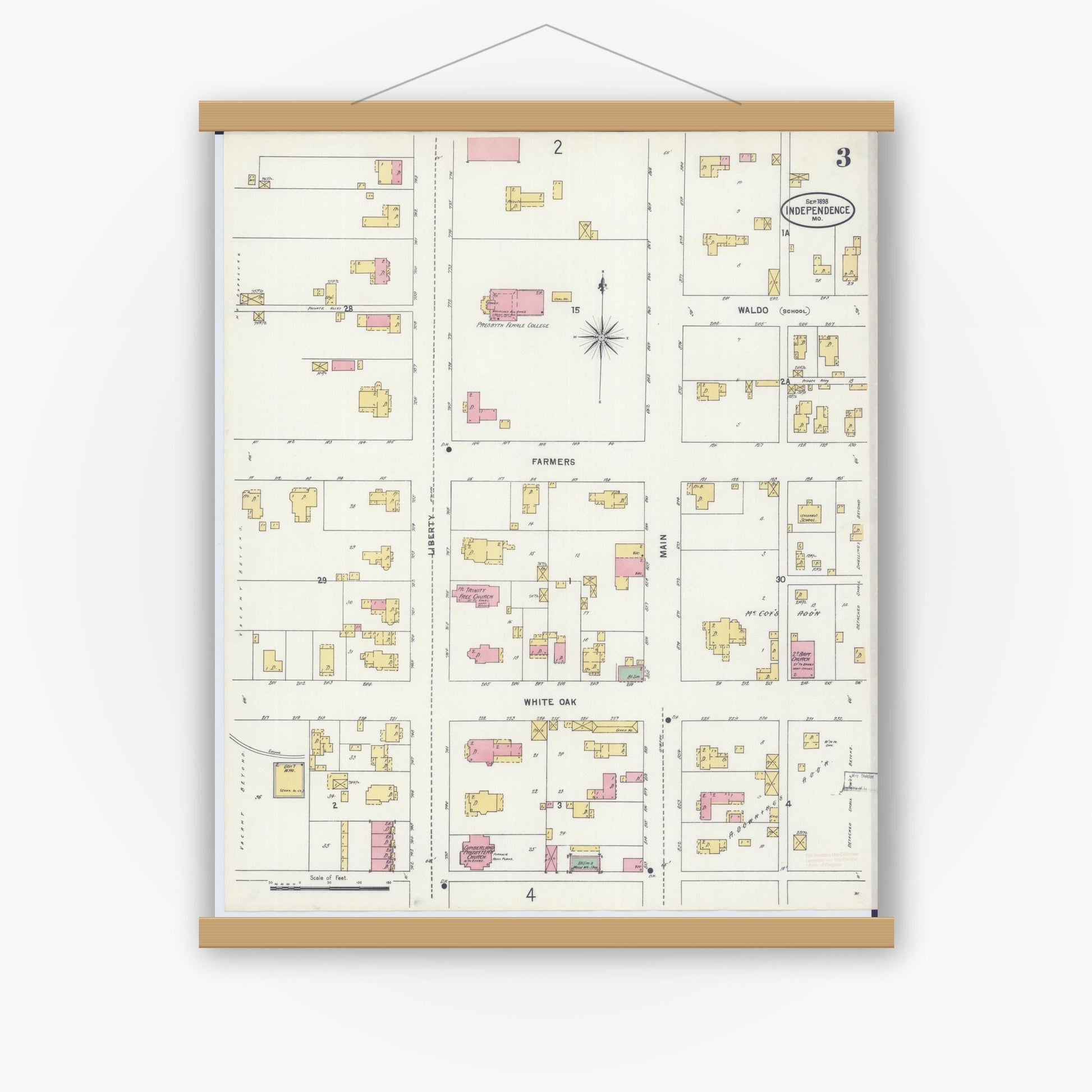 Old map wall art mockup — magnetic wood frame on white wall — Sanborn Fire Insurance Map from Independence, Jackson County, Missouri (1898), Sheet #0003