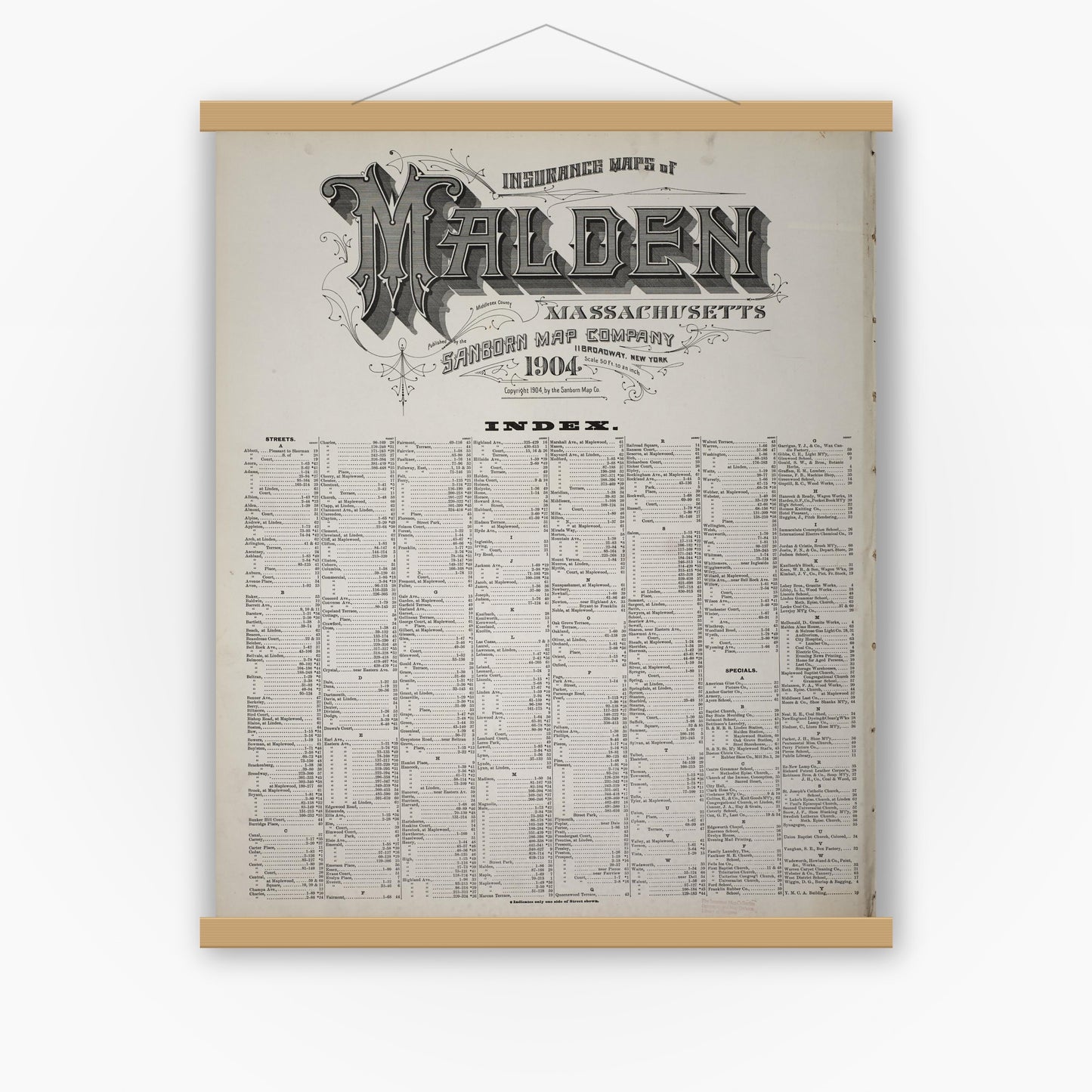 Old map wall art mockup — magnetic wood frame on white wall — Sanborn Fire Insurance Map from Malden, Middlesex County, Massachusetts (1904), Sheet #0001