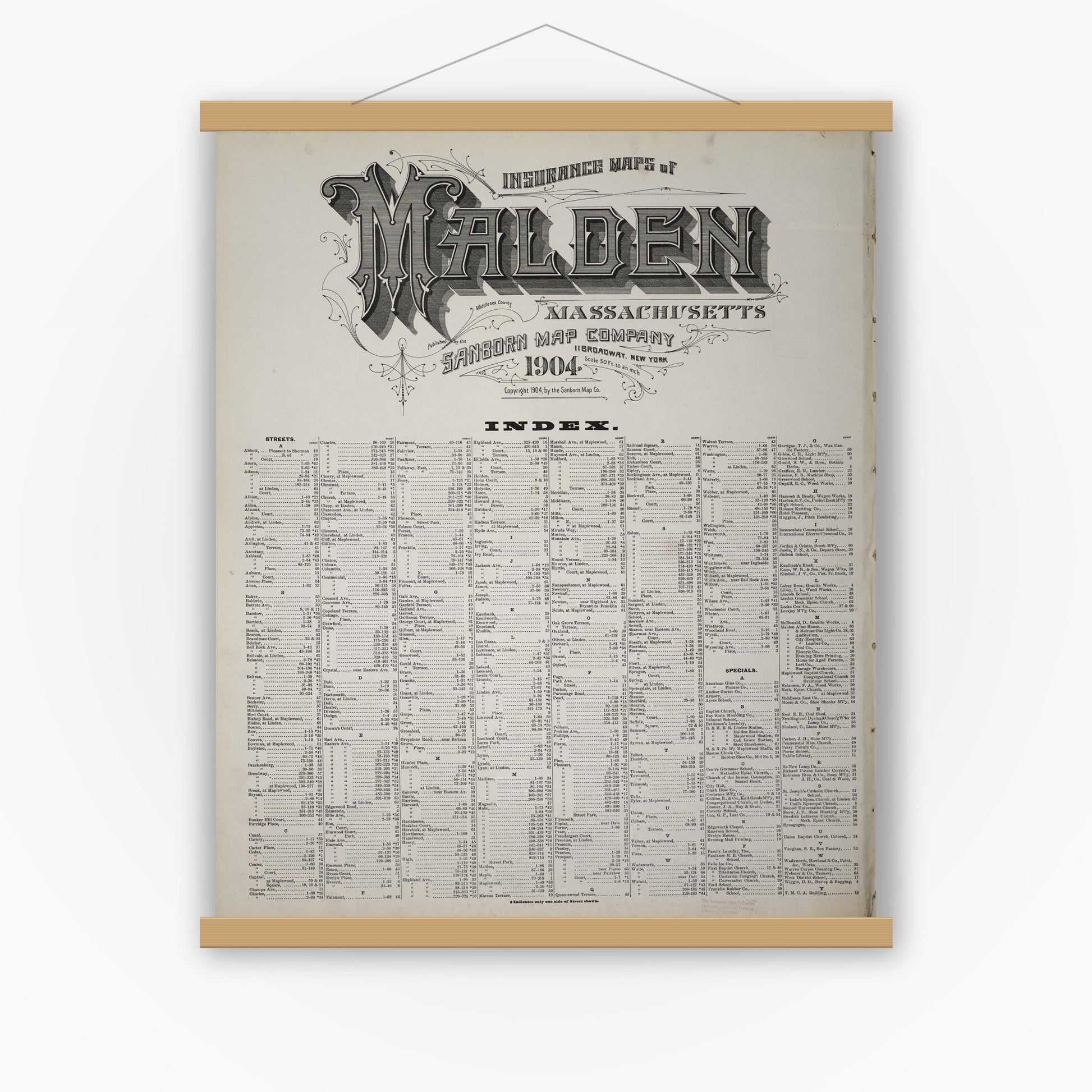 Old map wall art mockup — magnetic wood frame on white wall — Sanborn Fire Insurance Map from Malden, Middlesex County, Massachusetts (1904), Sheet #0001