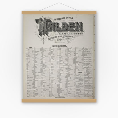 Old map wall art mockup — magnetic wood frame on white wall — Sanborn Fire Insurance Map from Malden, Middlesex County, Massachusetts (1904), Sheet #0001