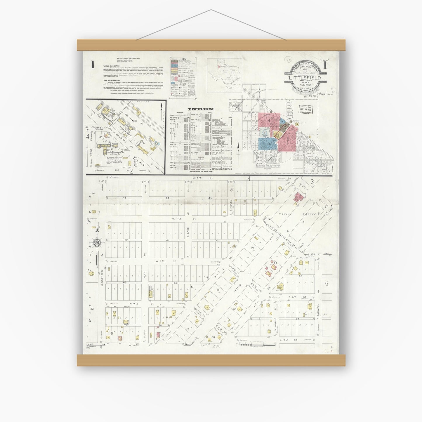 Old map wall art mockup — magnetic wood frame on white wall — Sanborn Fire Insurance Map from Littlefield, Lamb County, Texas (1932), Sheet #0001