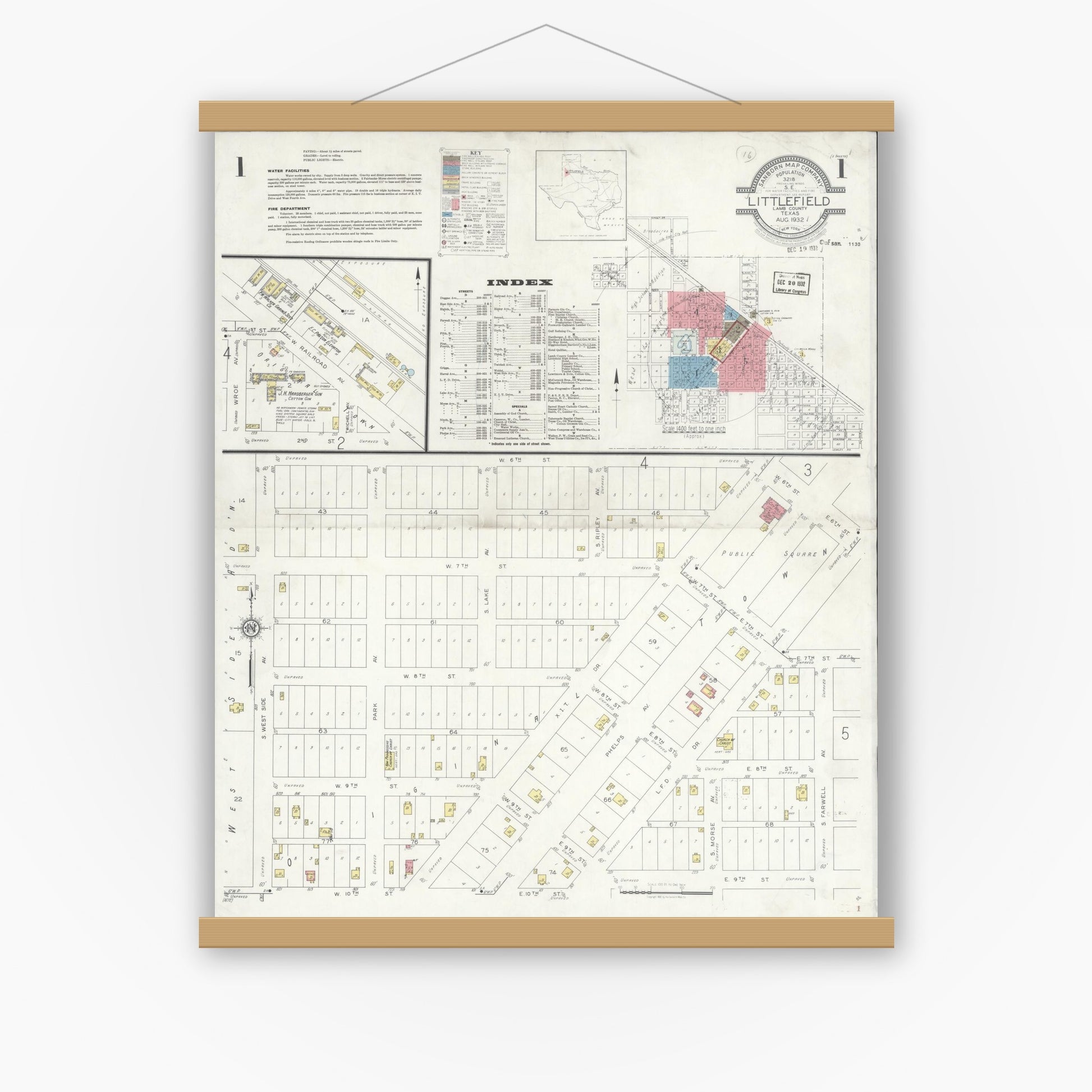 Old map wall art mockup — magnetic wood frame on white wall — Sanborn Fire Insurance Map from Littlefield, Lamb County, Texas (1932), Sheet #0001