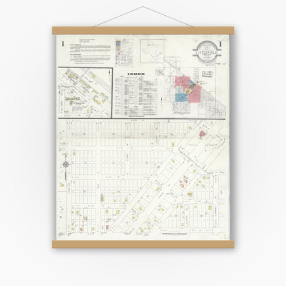 Old map wall art mockup — magnetic wood frame on white wall — Sanborn Fire Insurance Map from Littlefield, Lamb County, Texas (1932), Sheet #0001