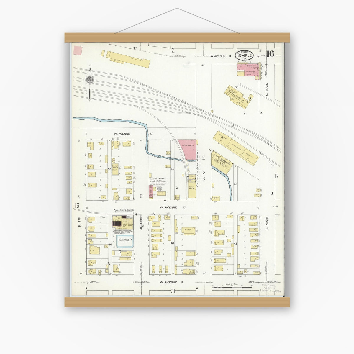 Old map wall art mockup — magnetic wood frame on white wall — Sanborn Fire Insurance Map from Temple, Bell County, Texas (1915), Sheet #0016