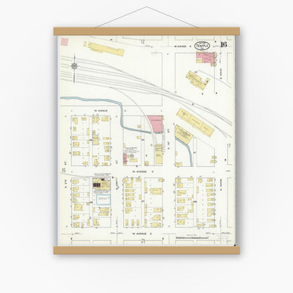 Old map wall art mockup — magnetic wood frame on white wall — Sanborn Fire Insurance Map from Temple, Bell County, Texas (1915), Sheet #0016