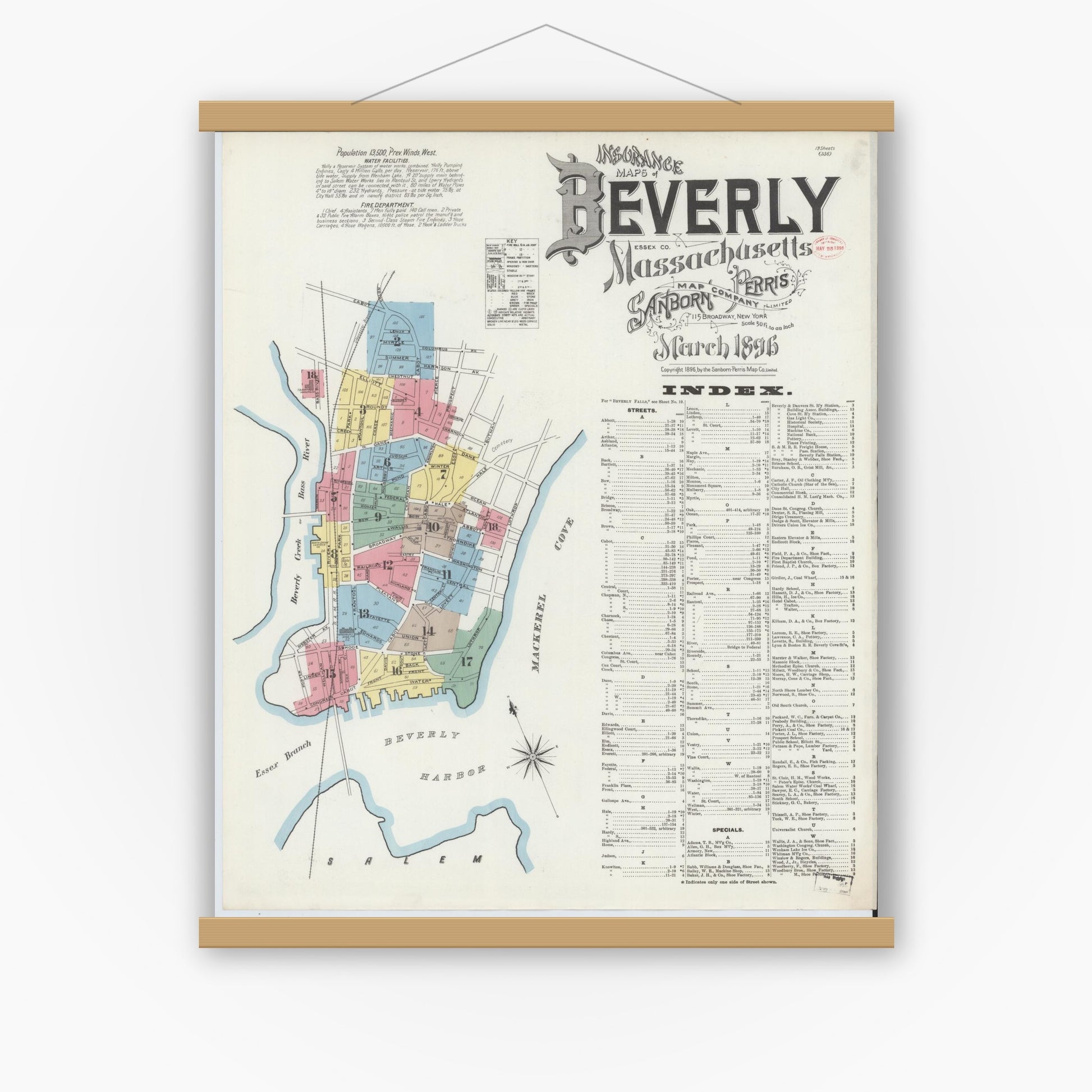 Old map wall art mockup — magnetic wood frame on white wall — Sanborn Fire Insurance Map from Beverly, Essex County, Massachusetts (1896) - Complete Map Set