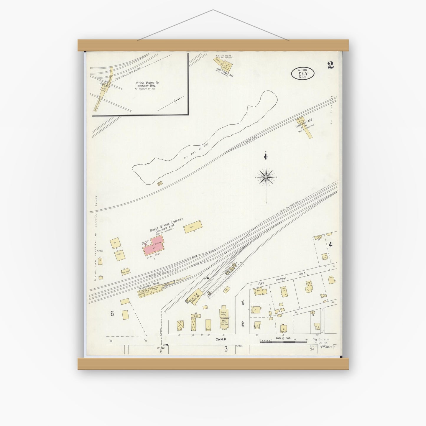 Old map wall art mockup — magnetic wood frame on white wall — Sanborn Fire Insurance Map from Ely, Saint Louis County, Minnesota (1906), Sheet #0002