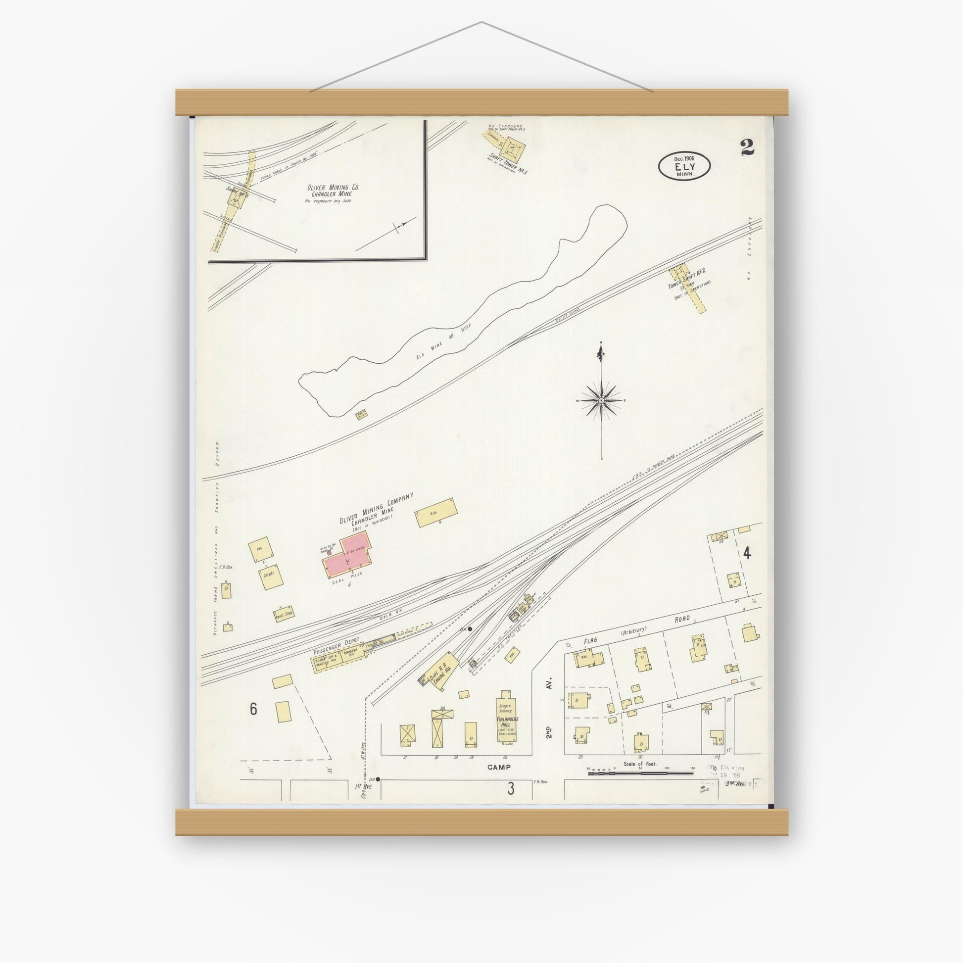 Old map wall art mockup — magnetic wood frame on white wall — Sanborn Fire Insurance Map from Ely, Saint Louis County, Minnesota (1906), Sheet #0002