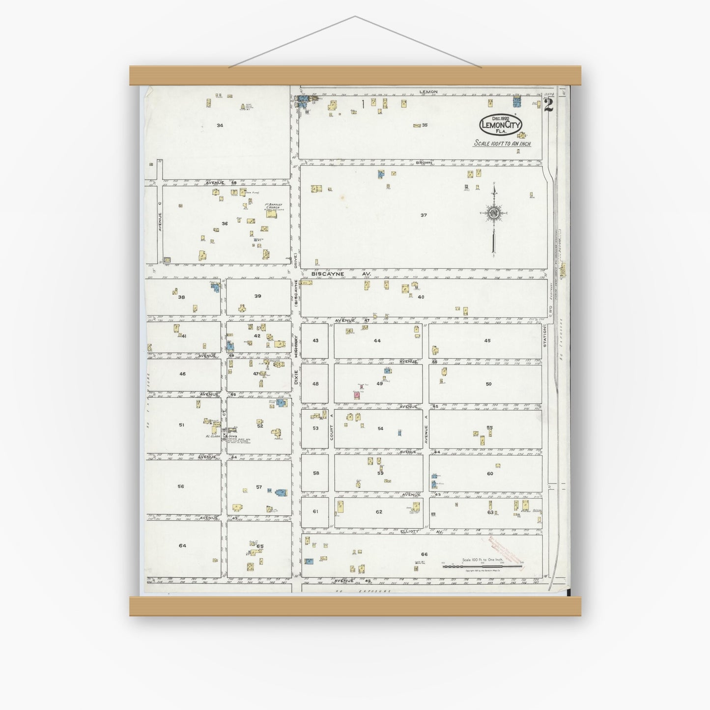 Old map wall art mockup — magnetic wood frame on white wall — Sanborn Fire Insurance Map from Lemon City, Dade County, Florida (1920), Sheet #0002
