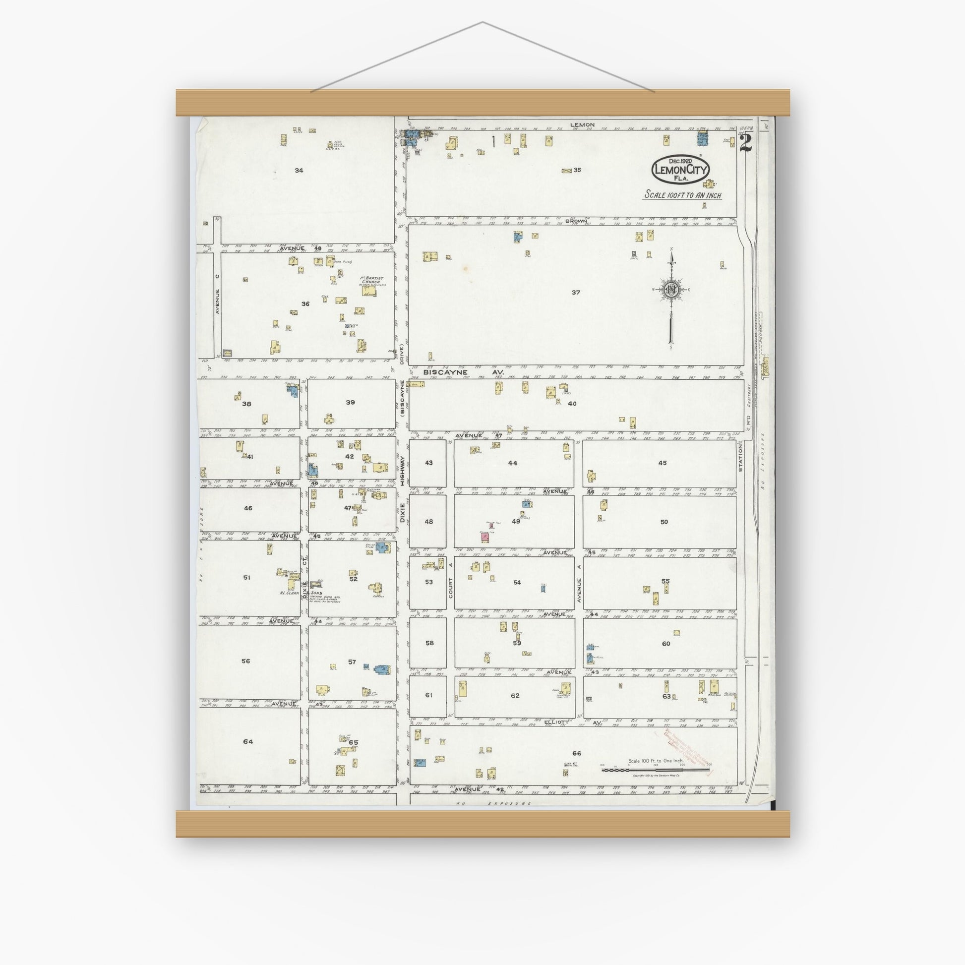 Old map wall art mockup — magnetic wood frame on white wall — Sanborn Fire Insurance Map from Lemon City, Dade County, Florida (1920), Sheet #0002