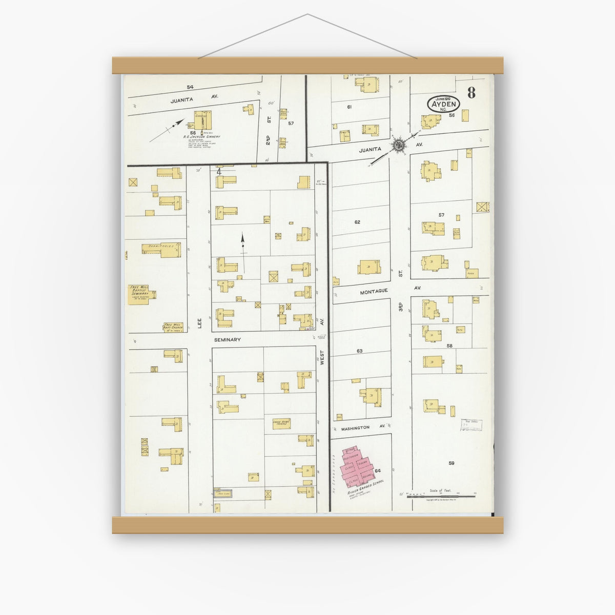 Old map wall art mockup — magnetic wood frame on white wall — Sanborn Fire Insurance Map from Ayden, Pitt County, North Carolina (1919), Sheet #0008