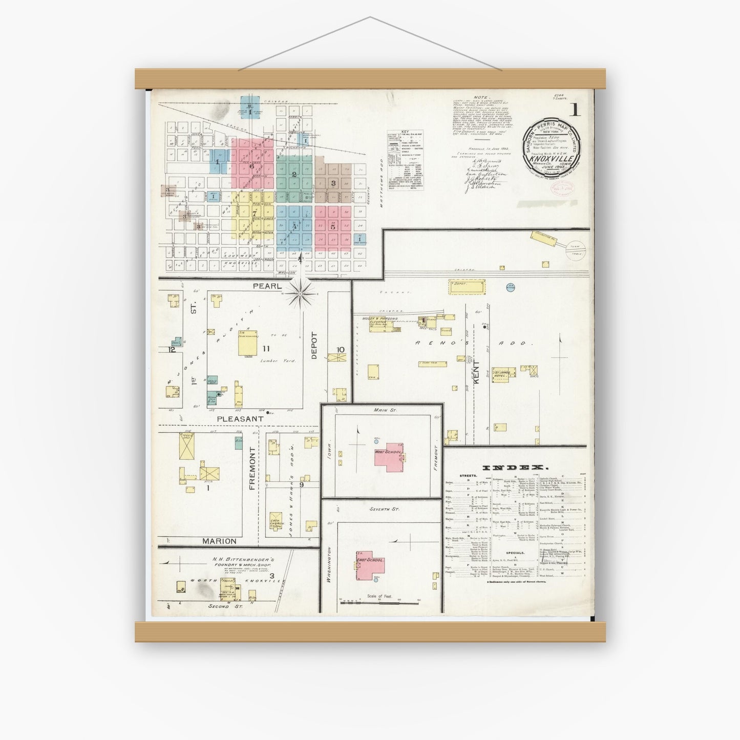 Old map wall art mockup — magnetic wood frame on white wall — Sanborn Fire Insurance Map from Knoxville, Marion County, Iowa (1893) â€” Complete Set
