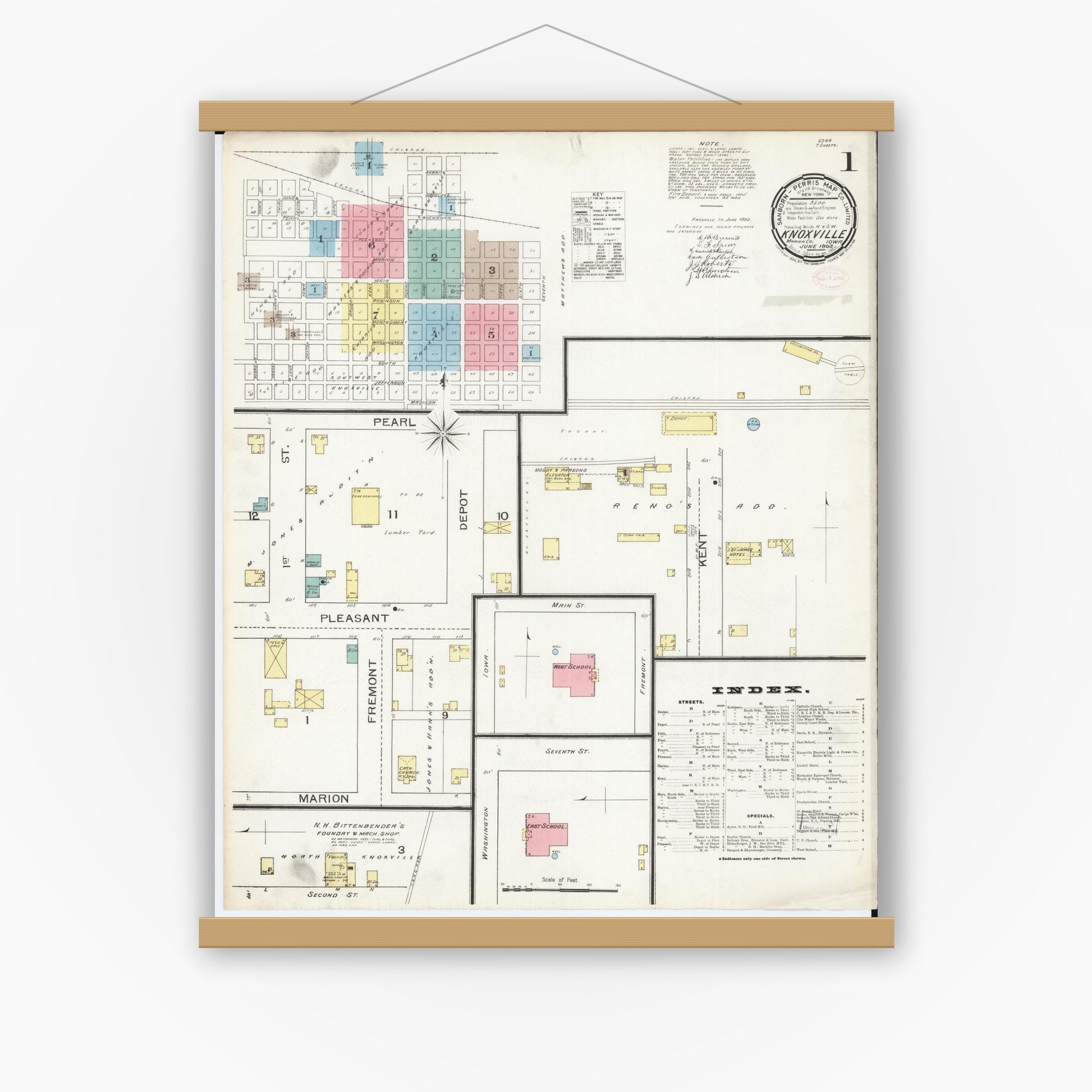 Old map wall art mockup — magnetic wood frame on white wall — Sanborn Fire Insurance Map from Knoxville, Marion County, Iowa (1893) â€” Complete Set