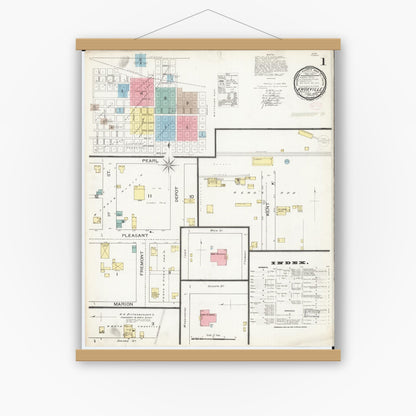Old map wall art mockup — magnetic wood frame on white wall — Sanborn Fire Insurance Map from Knoxville, Marion County, Iowa (1893) â€” Complete Set