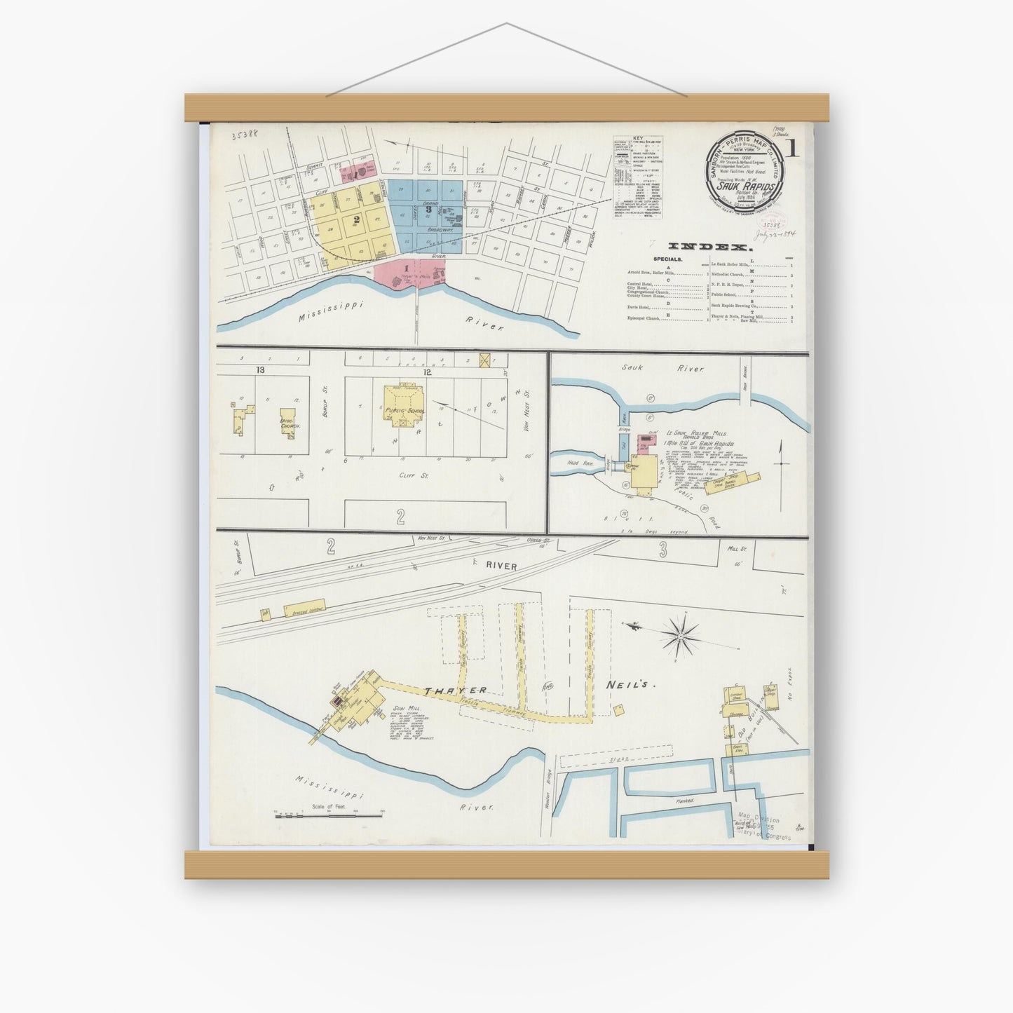 Old map wall art mockup — magnetic wood frame on white wall — Sanborn Fire Insurance Map from Sauk Rapids, Benton County, Minnesota (1894) - Complete Map Set