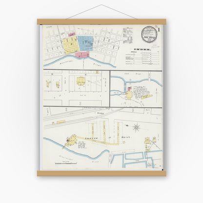 Old map wall art mockup — magnetic wood frame on white wall — Sanborn Fire Insurance Map from Sauk Rapids, Benton County, Minnesota (1894) - Complete Map Set
