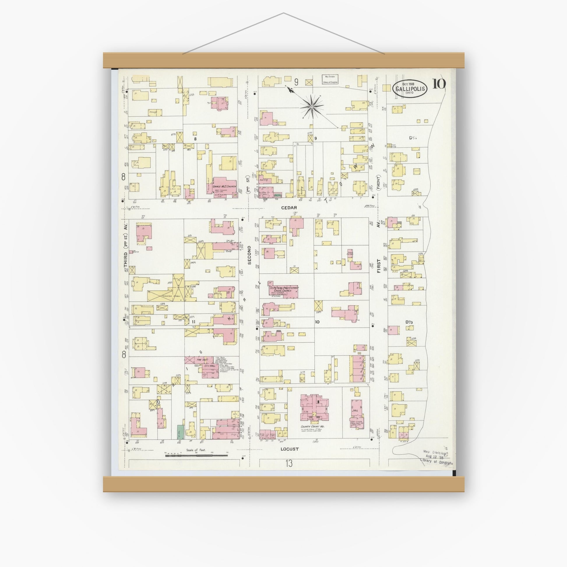 Old map wall art mockup — magnetic wood frame on white wall — Sanborn Fire Insurance Map from Gallipolis, Gallia County, Ohio (1908), Sheet #0010