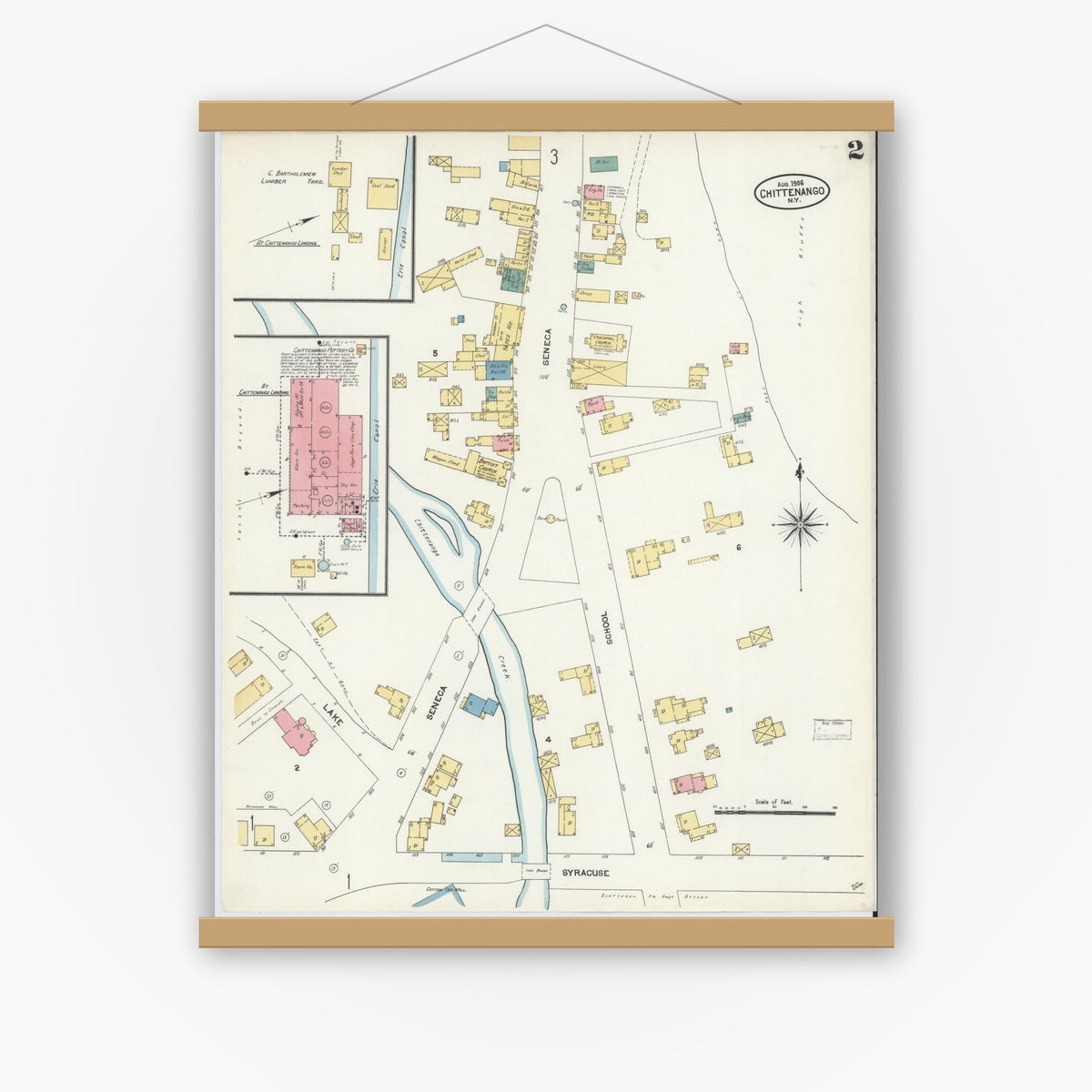 Old map wall art mockup — magnetic wood frame on white wall — Sanborn Fire Insurance Map from Chittenango, Madison County, New York (1906), Sheet #0002