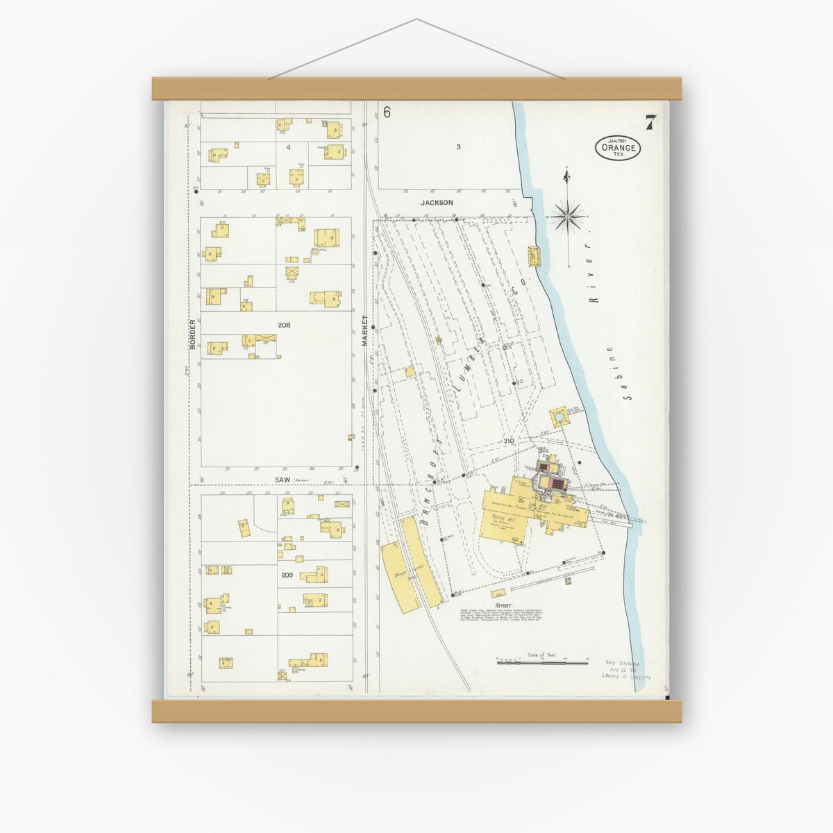 Old map wall art mockup — magnetic wood frame on white wall — Sanborn Fire Insurance Map from Orange, Orange County, Texas (1901), Sheet #0007