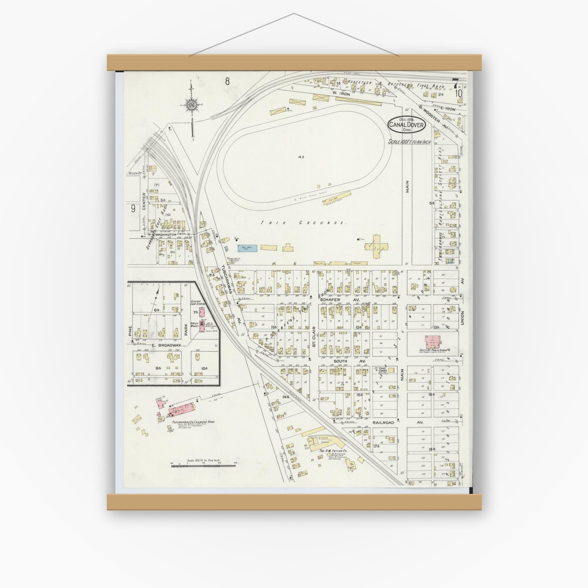 Old map wall art mockup — magnetic wood frame on white wall — Sanborn Fire Insurance Map from Canal Dover, Tuscarawas County, Ohio (1914), Sheet #0007