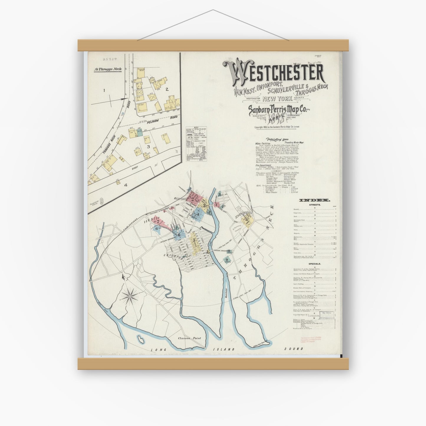 Old map wall art mockup — magnetic wood frame on white wall — Sanborn Fire Insurance Map from Westchester, Westchester County, New York (1893), Sheet #0001