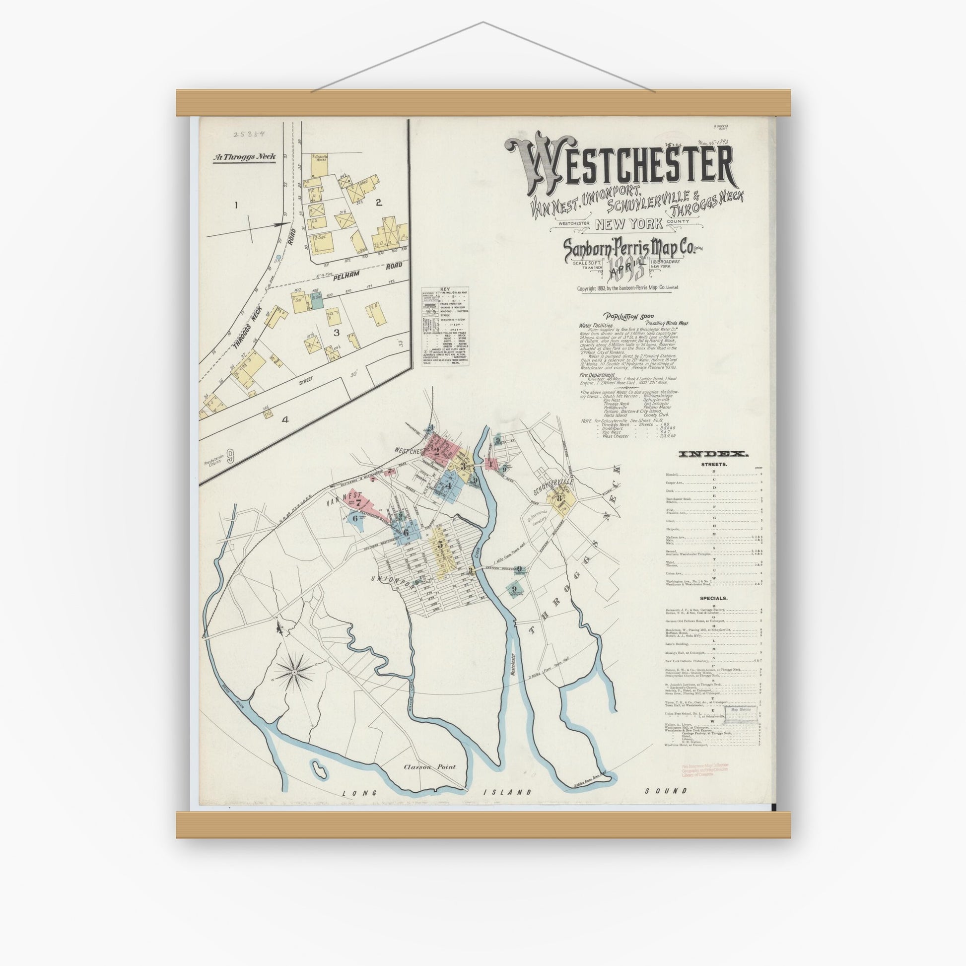 Old map wall art mockup — magnetic wood frame on white wall — Sanborn Fire Insurance Map from Westchester, Westchester County, New York (1893), Sheet #0001