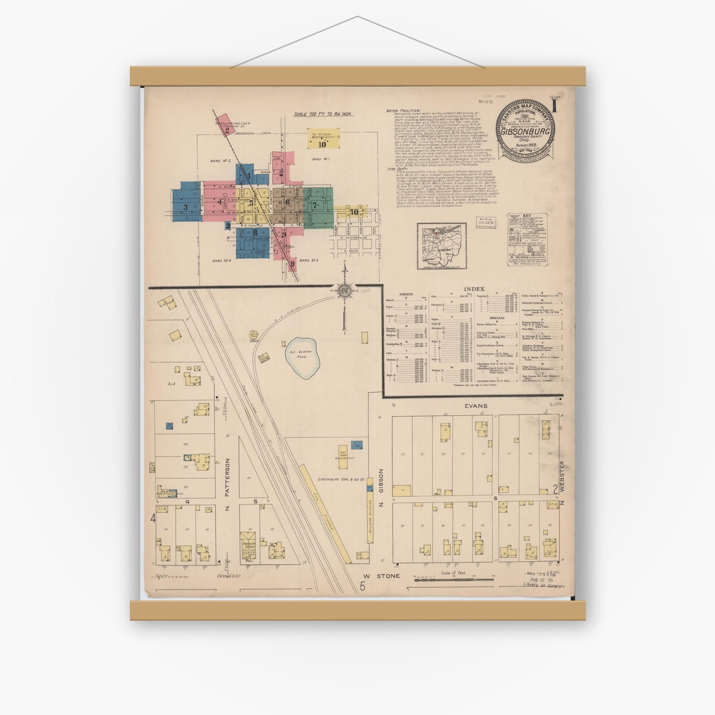 Old map wall art mockup — magnetic wood frame on white wall — Sanborn Fire Insurance Map from Gibsonburg, Sandusky County, Ohio (1922) - Complete Map Set
