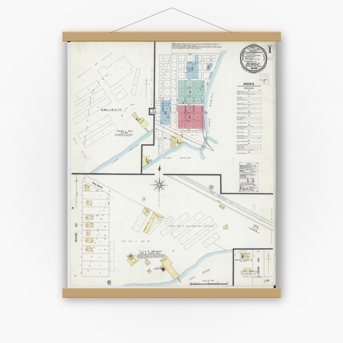 Old map wall art mockup — magnetic wood frame on white wall — Sanborn Fire Insurance Map from Bemidji, Beltrami County, Minnesota (1900) - Complete Map Set