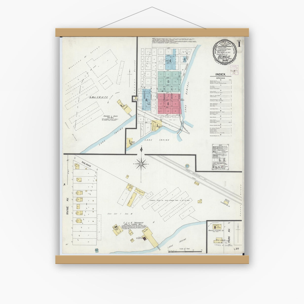 Old map wall art mockup — magnetic wood frame on white wall — Sanborn Fire Insurance Map from Bemidji, Beltrami County, Minnesota (1900) - Complete Map Set