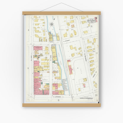 Old map wall art mockup — magnetic wood frame on white wall — Sanborn Fire Insurance Map from Battle Creek, Calhoun County, Michigan (1899), Sheet #0009