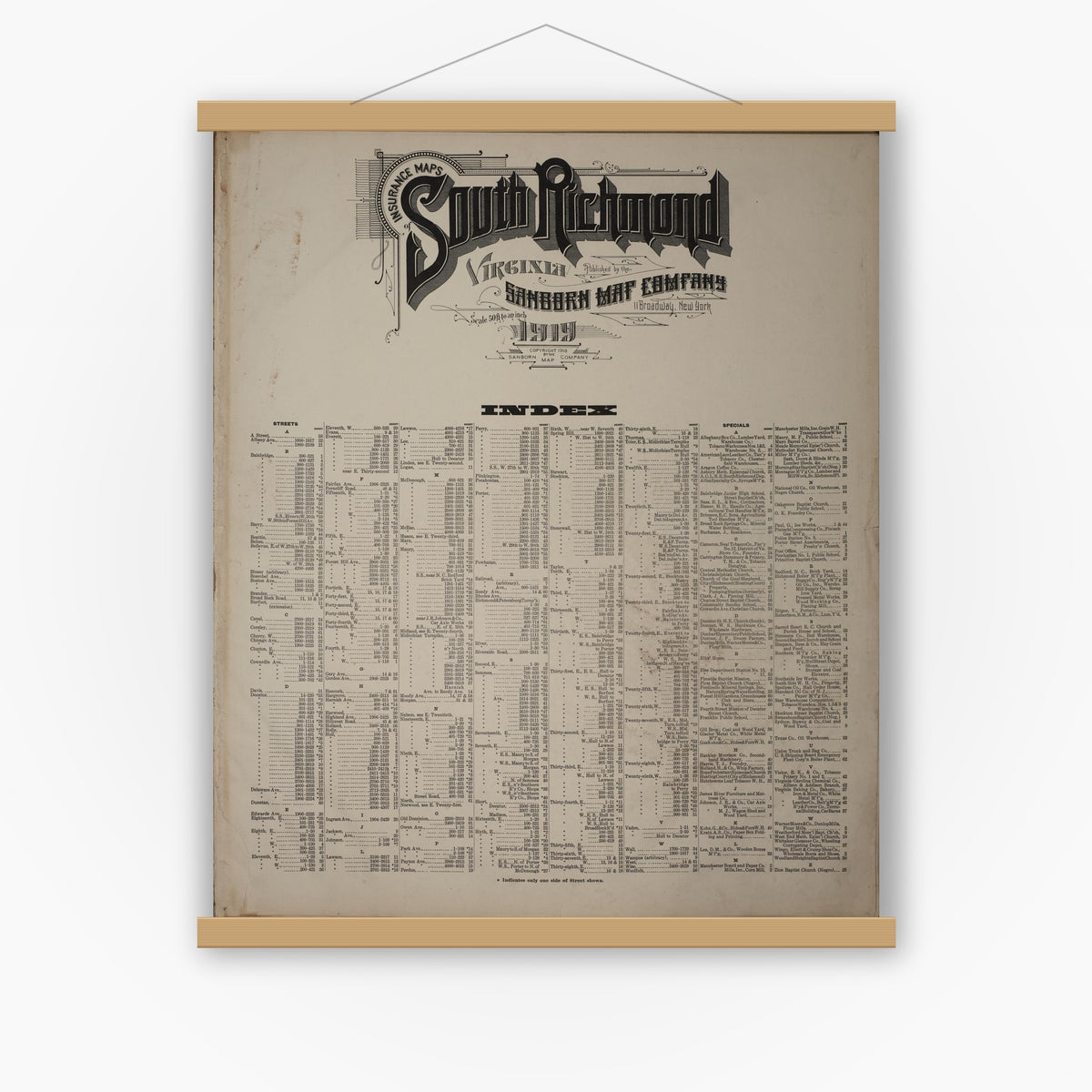 Old map wall art mockup — magnetic wood frame on white wall — Sanborn Fire Insurance Map from Richmond, Independent Cities, Virginia (1919), Sheet #0001