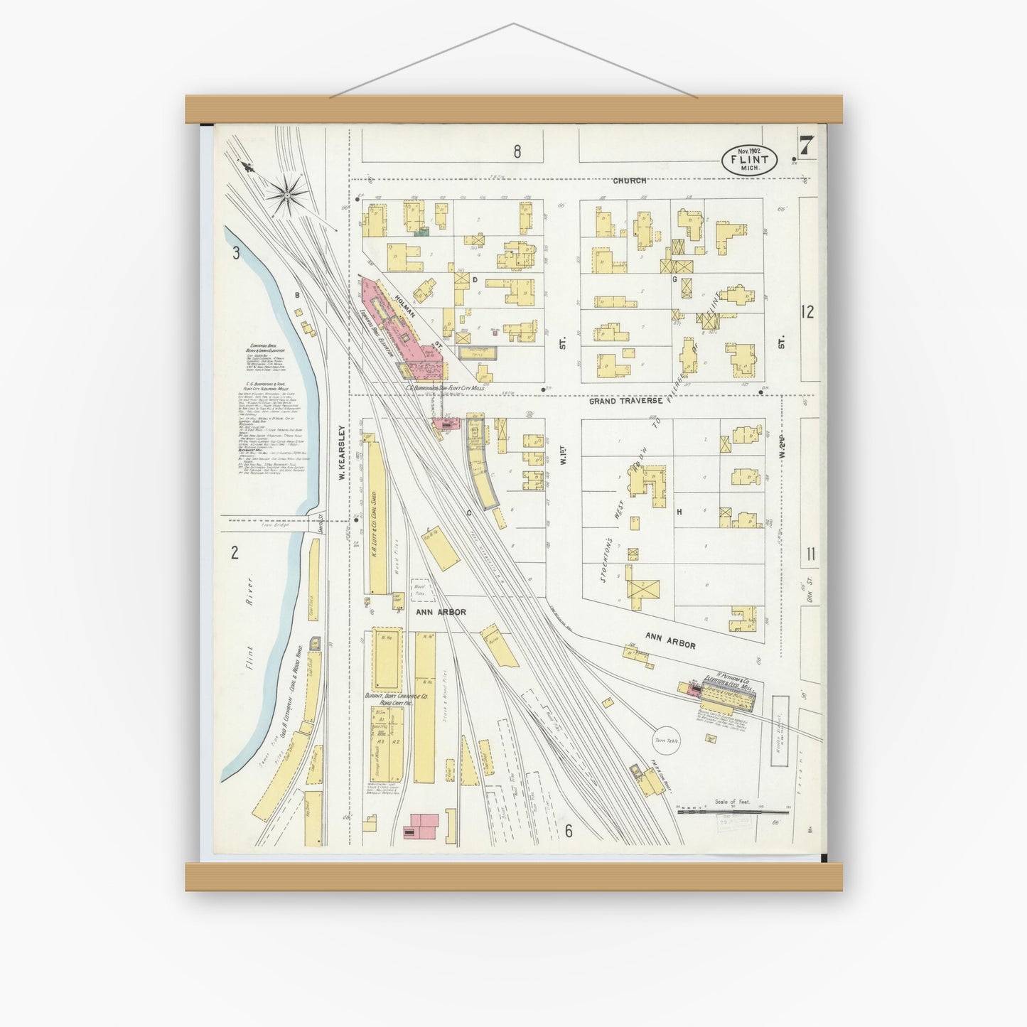 Old map wall art mockup — magnetic wood frame on white wall — Sanborn Fire Insurance Map from Flint, Genesee County, Michigan (1902), Sheet #0007