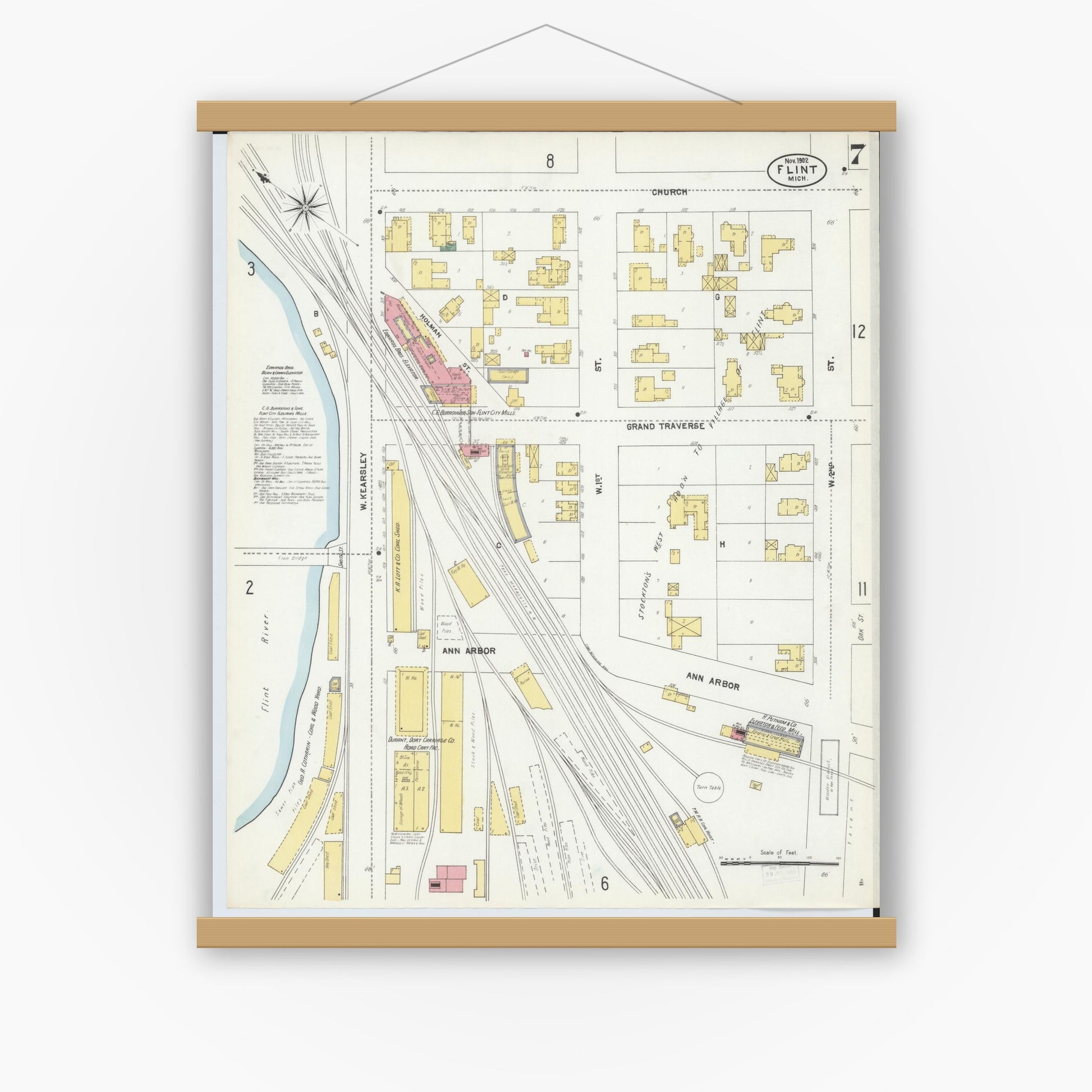 Old map wall art mockup — magnetic wood frame on white wall — Sanborn Fire Insurance Map from Flint, Genesee County, Michigan (1902), Sheet #0007