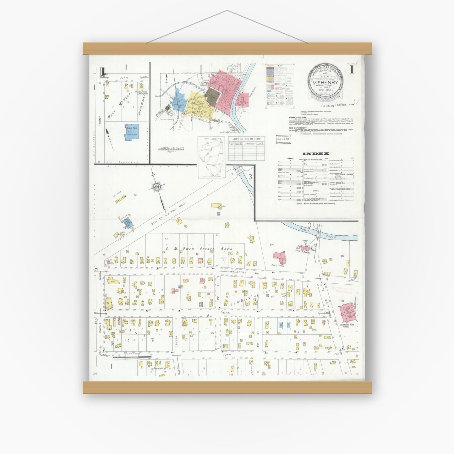 Old map wall art mockup — magnetic wood frame on white wall — Sanborn Fire Insurance Map from McHenry, McHenry County, Illinois (1933) - Complete Map Set